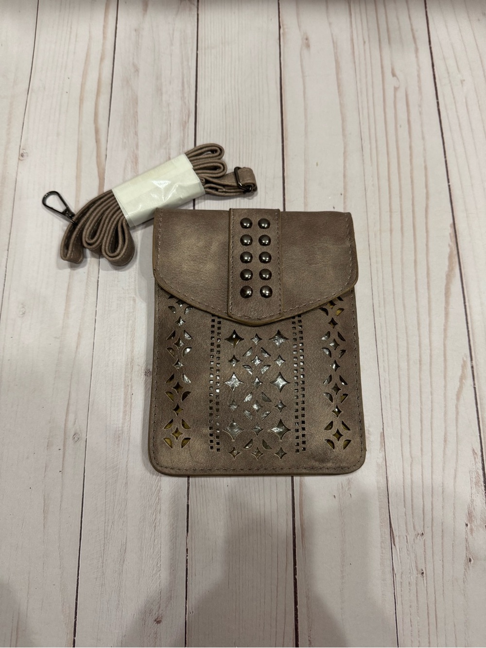 Taupe Laser-Cut Studded Crossbody Phone Pouch